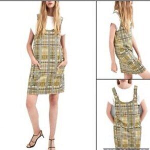 Zara pinafore plaid overall jumper dress pockets wood buttons metallic thread M